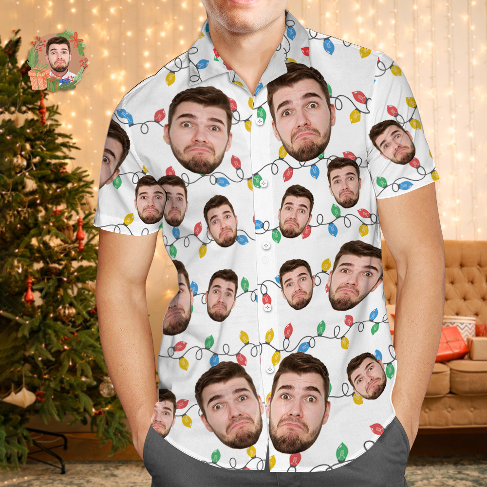 Custom Face Hawaiian Shirt Xmas Leds Personalized Xmas Lights Flamingo Flowers And Leaves Beach Holiday Christmas Face Hawaiian Shirt