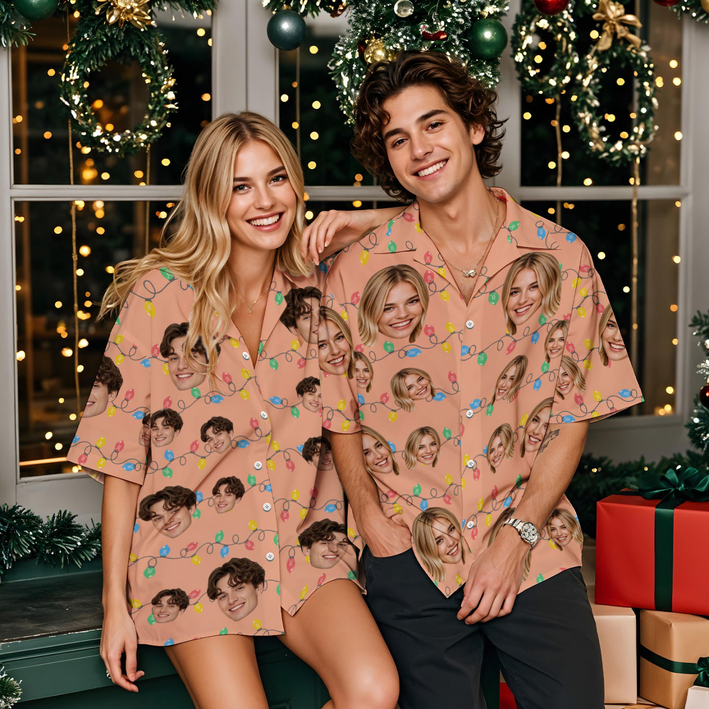 Custom Face Hawaiian Shirt Personalized Xmas Lights Flamingo Flowers And Leaves Beach Holiday Christmas Face Hawaiian Shirt - MyFaceSocksAU