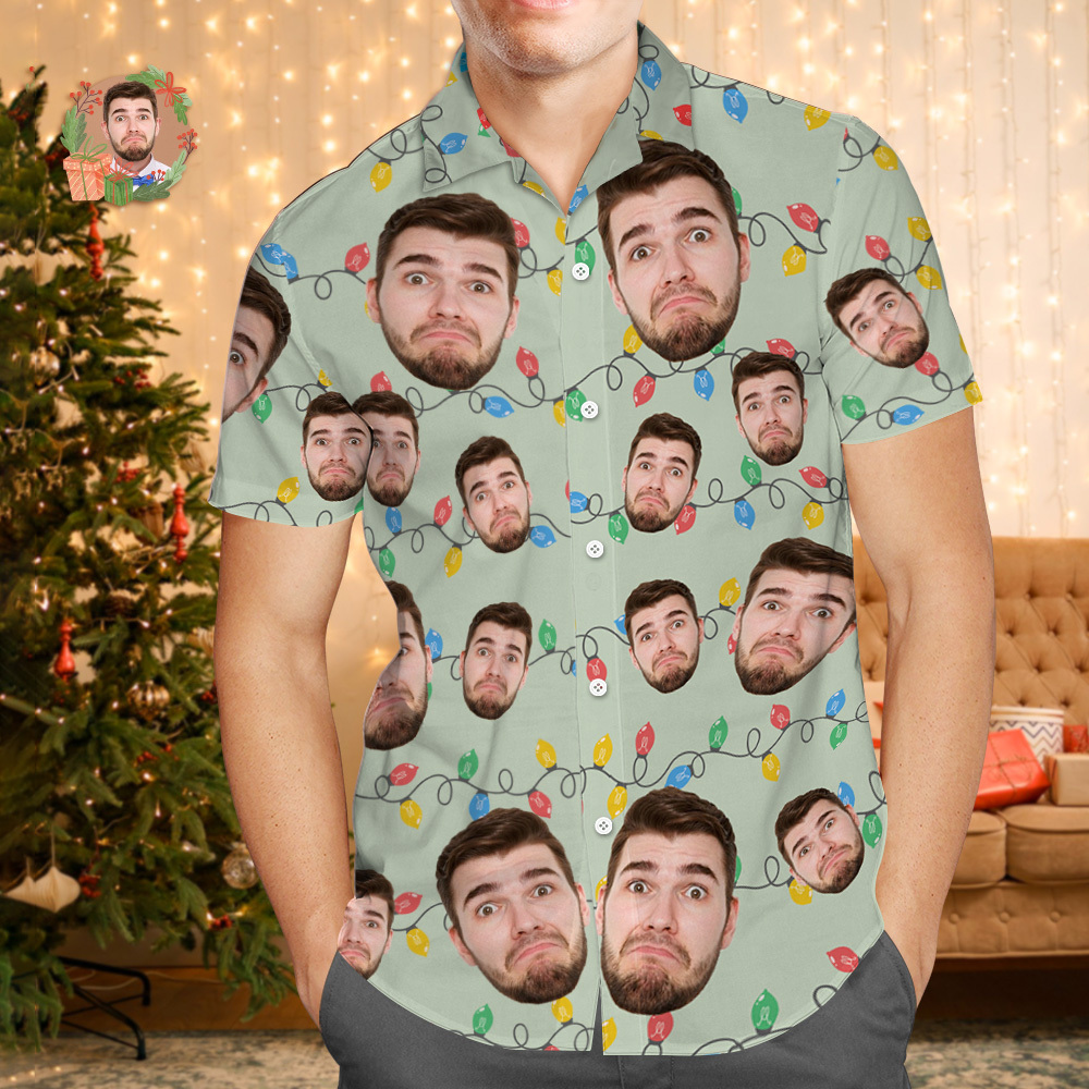 Custom Face Hawaiian Shirt Personalized Xmas Lights Flamingo Flowers And Leaves Beach Holiday Christmas Face Hawaiian Shirt - MyFaceSocksAU