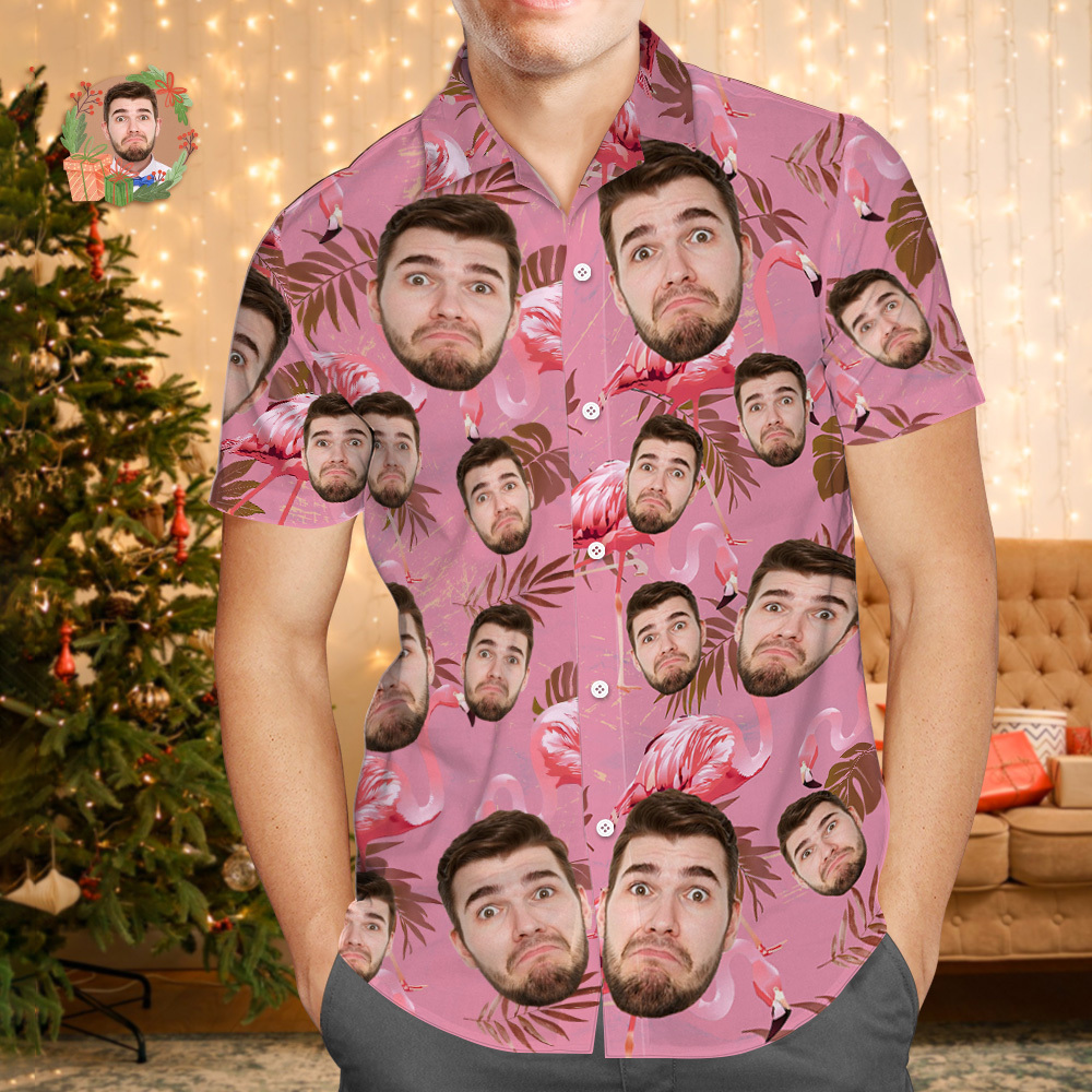 Custom Face Hawaiian Shirt Personalized Xmas Lights Flamingo Flowers And Leaves Beach Holiday Christmas Face Hawaiian Shirt - MyFaceSocksAU
