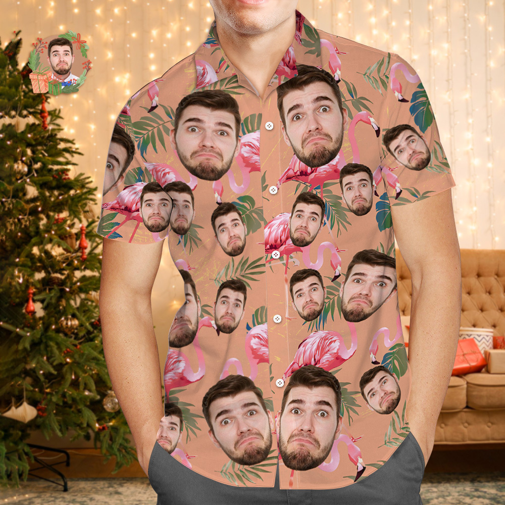 Custom Face Hawaiian Shirt Personalized Xmas Lights Flamingo Flowers And Leaves Beach Holiday Christmas Face Hawaiian Shirt - MyFaceSocksAU