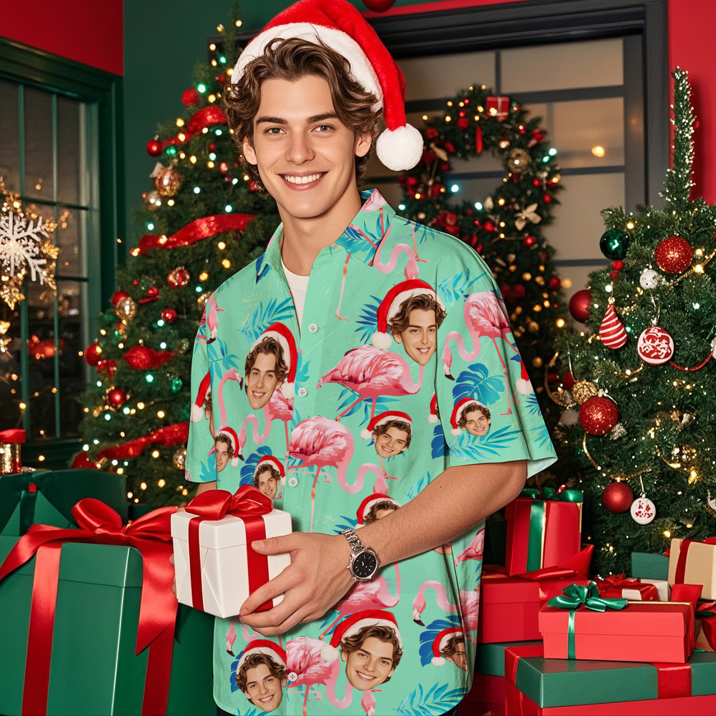 Custom Face Hawaiian Shirt Personalized Xmas Lights Flamingo Flowers And Leaves Beach Holiday Christmas Face Hawaiian Shirt - MyFaceSocksAU