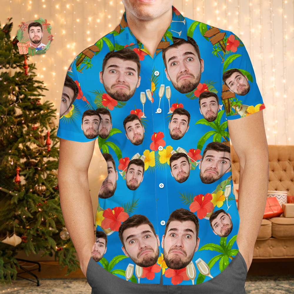 Custom Face Hawaiian Shirt Personalized Xmas Lights Flamingo Flowers And Leaves Beach Holiday Christmas Face Hawaiian Shirt - MyFaceSocksAU