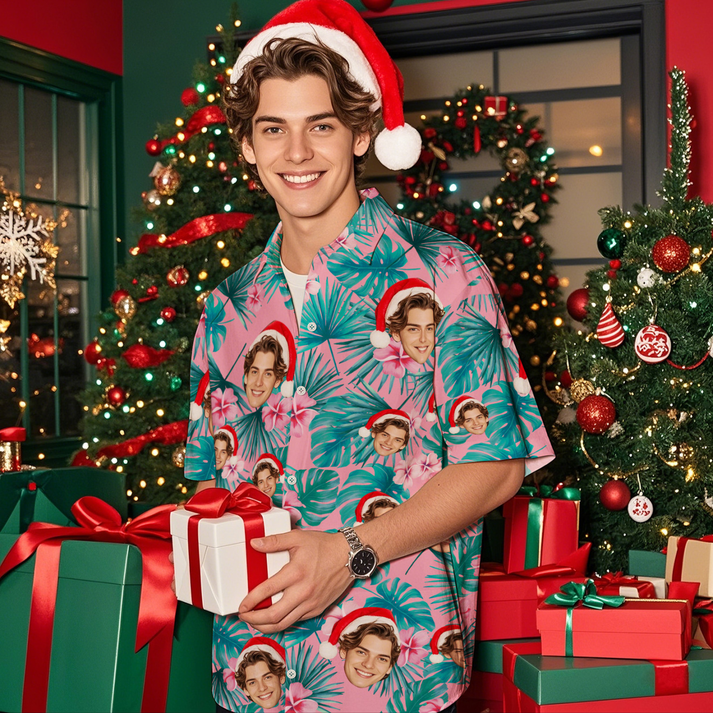 Custom Face Hawaiian Shirt Personalized Xmas Lights Flamingo Flowers And Leaves Beach Holiday Christmas Face Hawaiian Shirt - MyFaceSocksAU