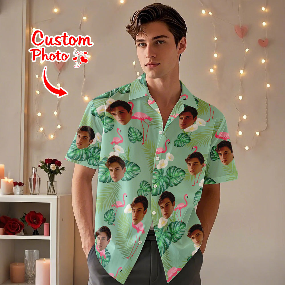 Personalized Flamingo Face Hawaiian Shirt Face Couple Shirt Valentine Gift For Couple - MyFaceSocksAU