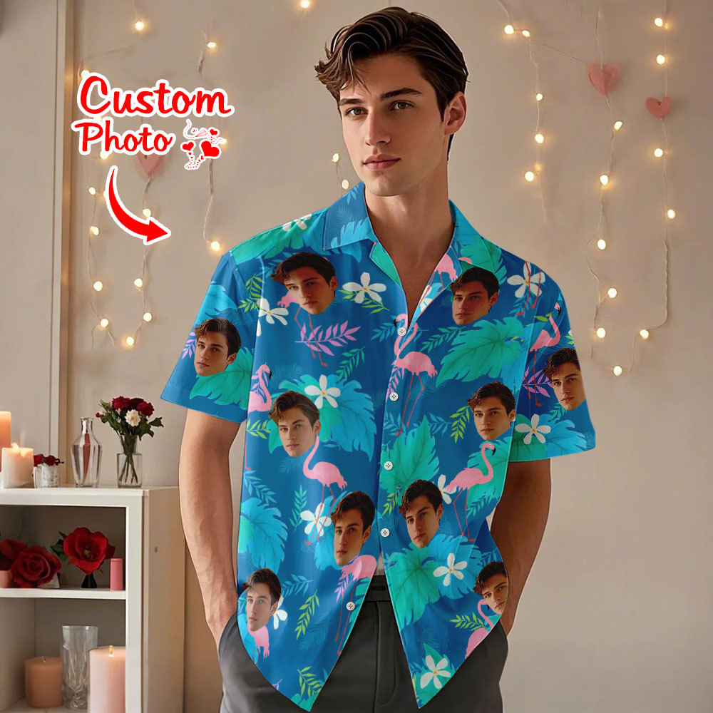 Personalized Flamingo Face Hawaiian Shirt Face Couple Shirt Valentine Gift For Couple - MyFaceSocksAU