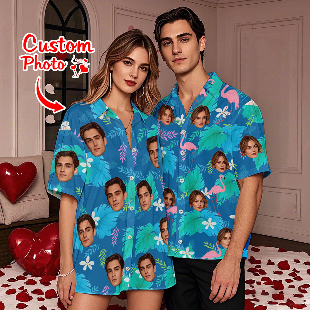 Personalized Flamingo Face Hawaiian Shirt Face Couple Shirt Valentine Gift For Couple - MyFaceSocksAU