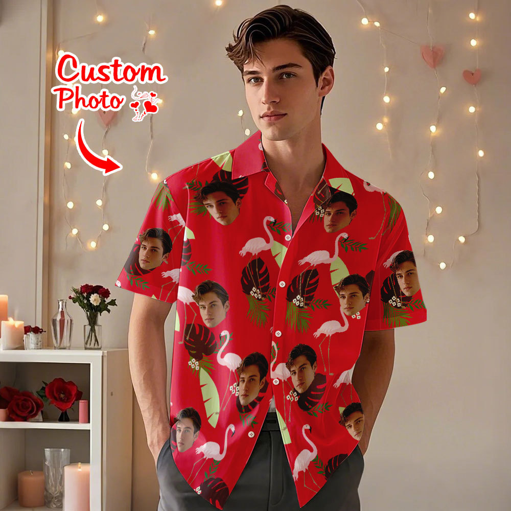 Personalized Flamingo Face Hawaiian Shirt Face Couple Shirt Valentine Gift For Couple - MyFaceSocksAU
