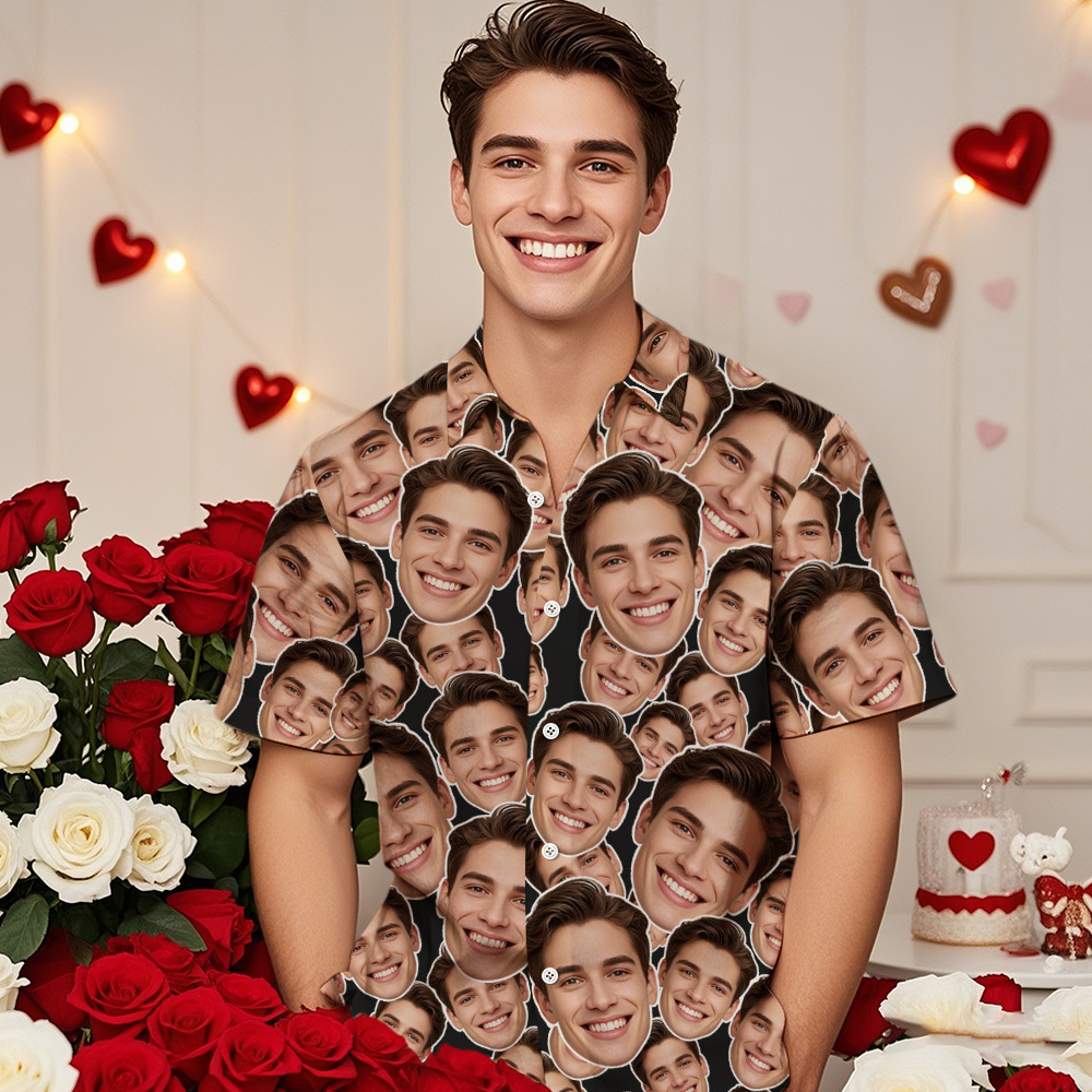 Personalized Mash Face Hawaiian Shirt Valentine Hawaiian Shirt Face Black Hawaiian Shirt for Couple - MyFaceSocksAU