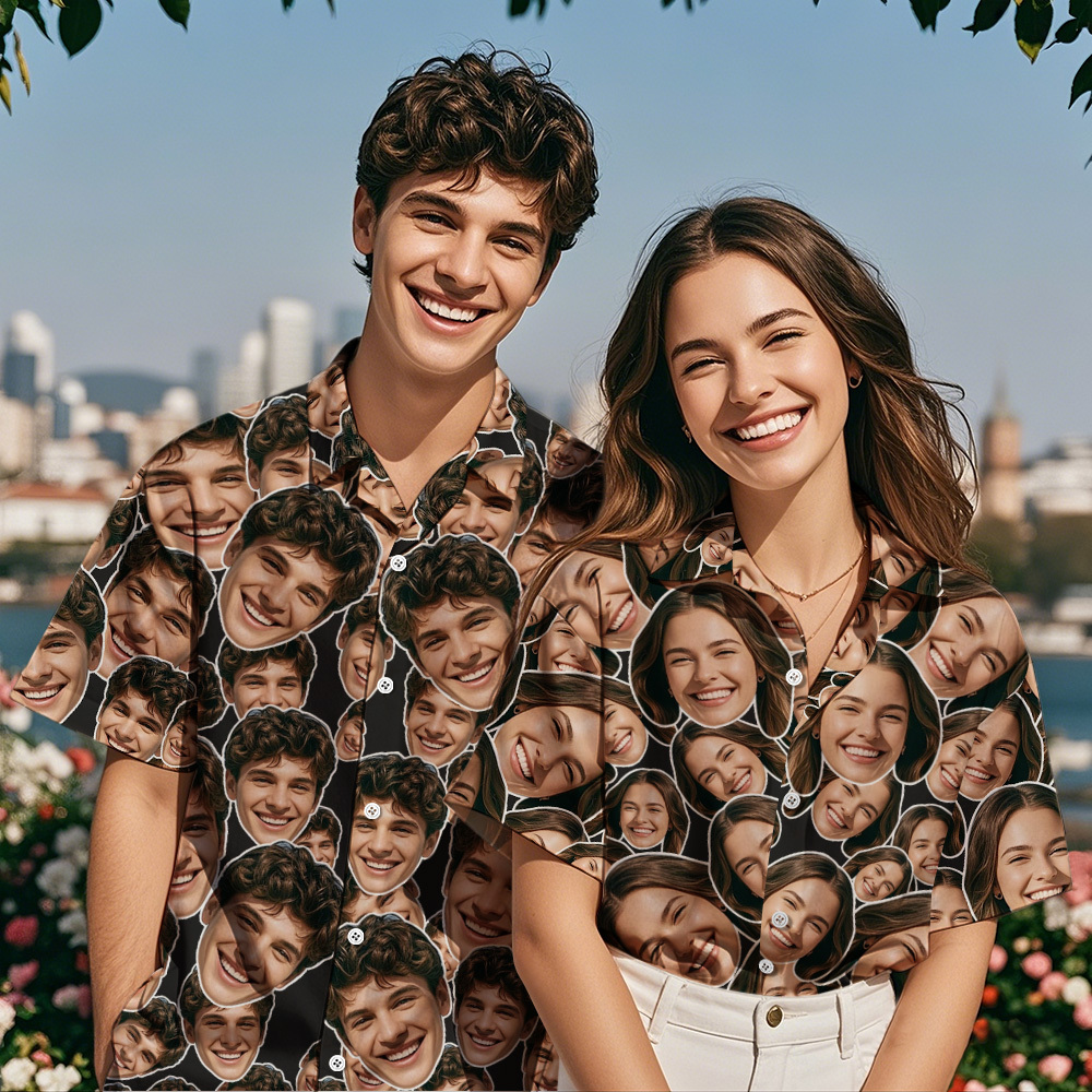 Personalized Mash Face Hawaiian Shirt Valentine Hawaiian Shirt Face Black Hawaiian Shirt for Couple - MyFaceSocksAU