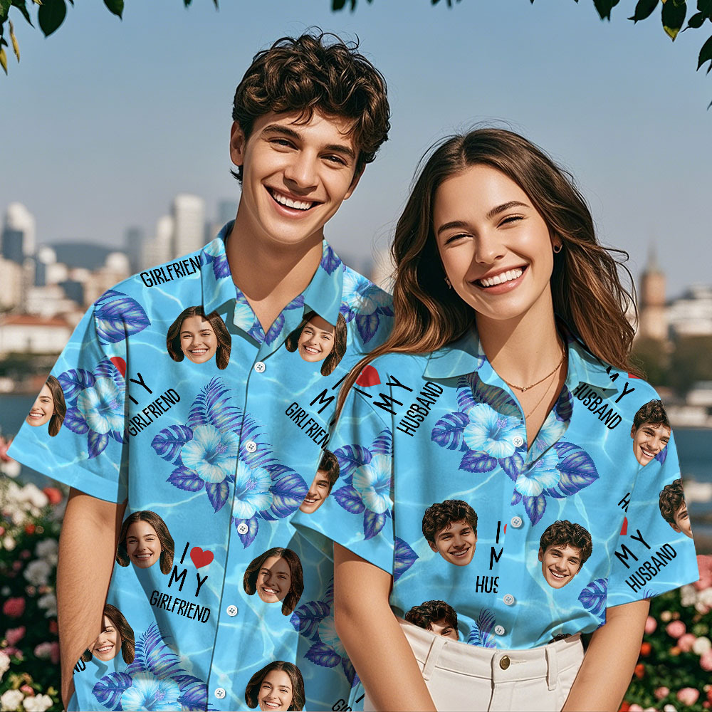 Personalized Face Hawaiian Shirt Summer Vacation Couple Face Hawaiian Shirt I Love My Wife Light Blue Flower Hawaiian Shirt - MyFaceSocksAU