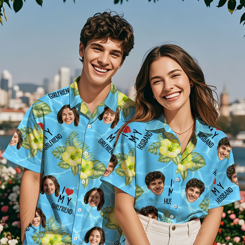 Personalized Face Hawaiian Shirt Summer Vacation Couple Face Hawaiian Shirt I Love My Wife Light Blue Flower Hawaiian Shirt - MyFaceSocksAU