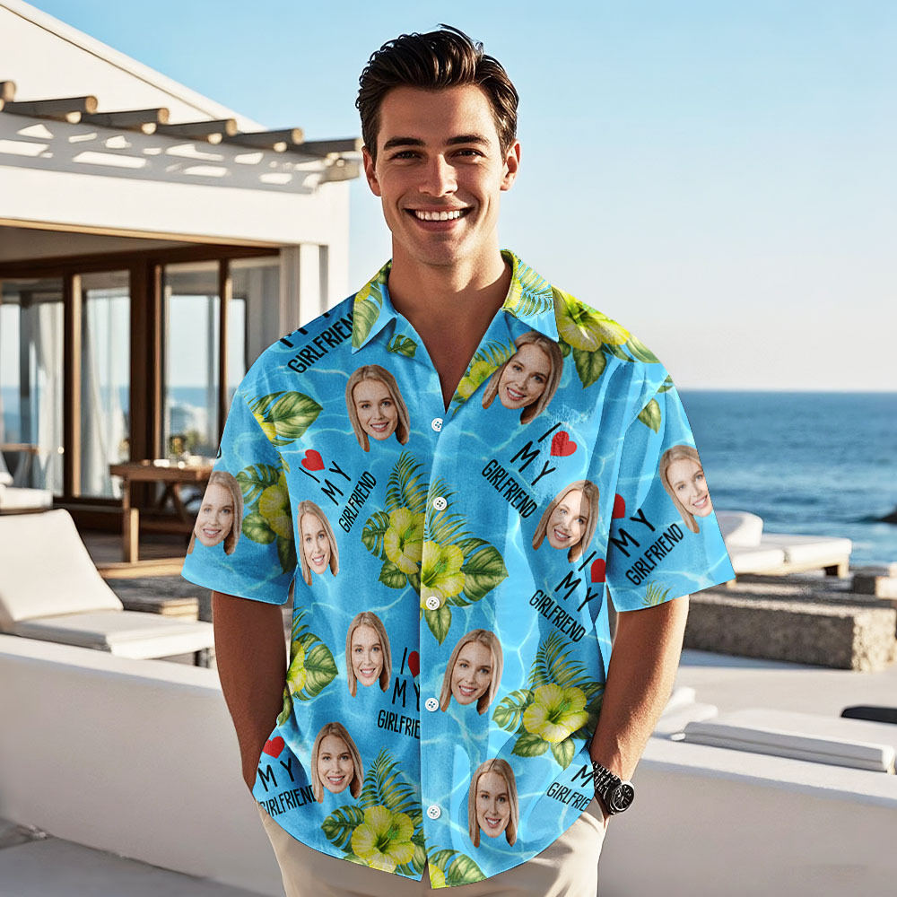 Personalized Face Hawaiian Shirt Summer Vacation Couple Face Hawaiian Shirt I Love My Wife Light Blue Flower Hawaiian Shirt - MyFaceSocksAU