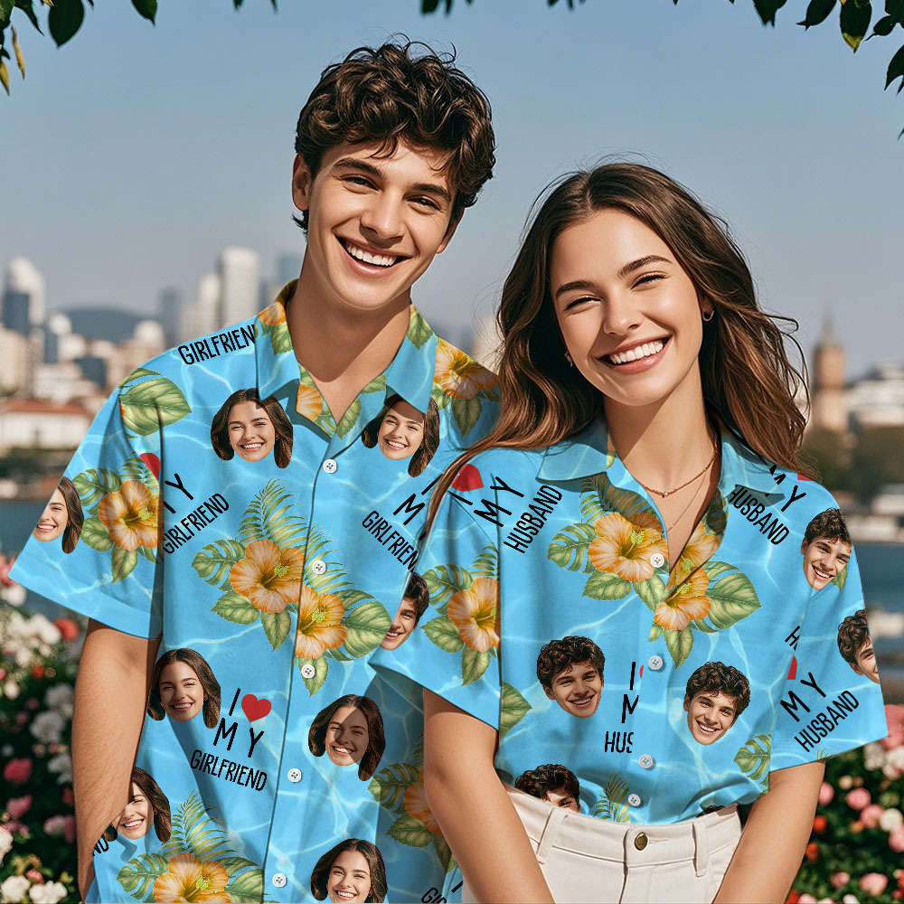 Personalized Face Hawaiian Shirt Summer Vacation Couple Face Hawaiian Shirt I Love My Wife Light Blue Flower Hawaiian Shirt - MyFaceSocksAU