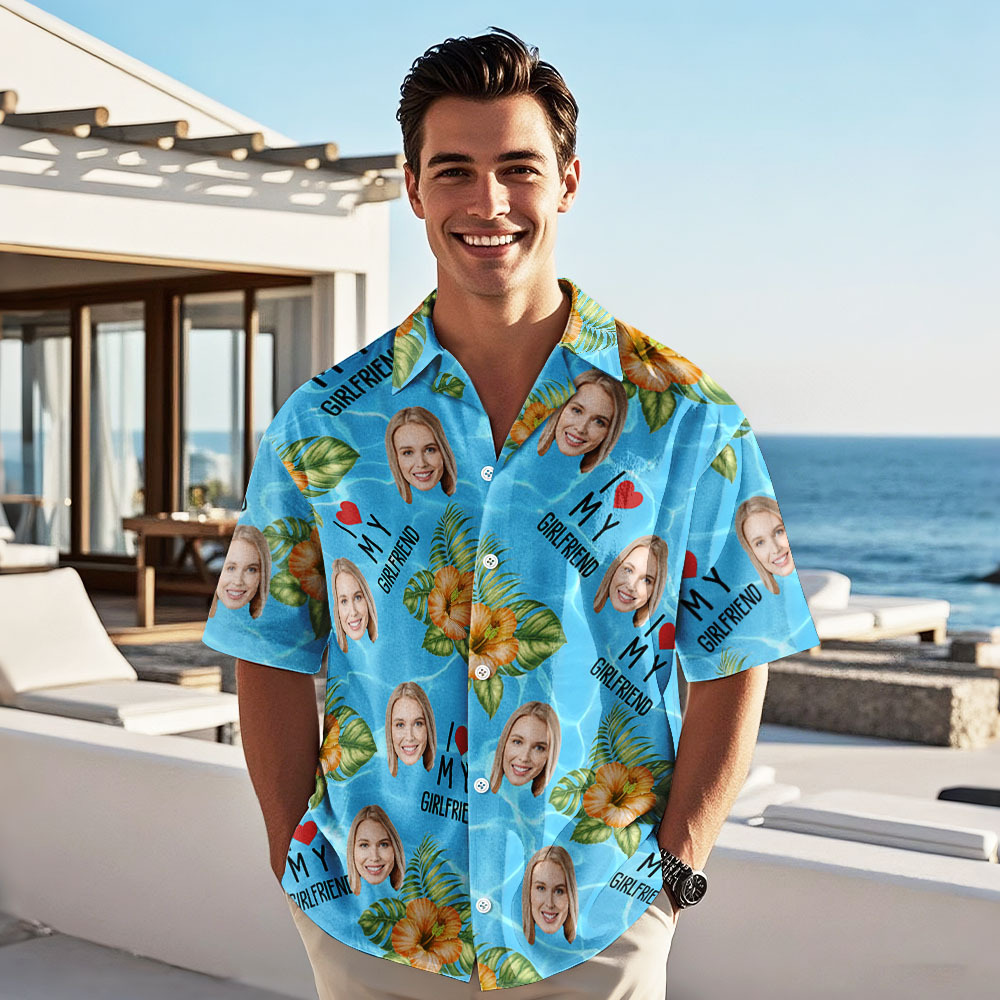 Personalized Face Hawaiian Shirt Summer Vacation Couple Face Hawaiian Shirt I Love My Wife Light Blue Flower Hawaiian Shirt - MyFaceSocksAU