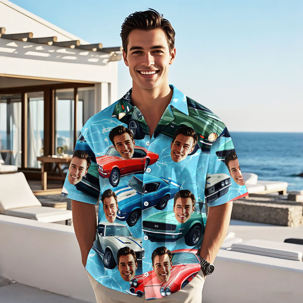 Custom Face Hawaiian Shirt Classic Blue Sea Car Photo Hawaiian Shirt Gift for Him - MyFaceSocksAU