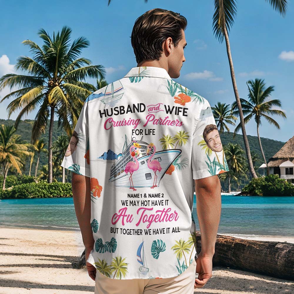 Personalized Face Cruising Partners Hawaiian Shirt Flamingo Husband And Wife Face Hawaiian Shirt - MyFaceSocksAU