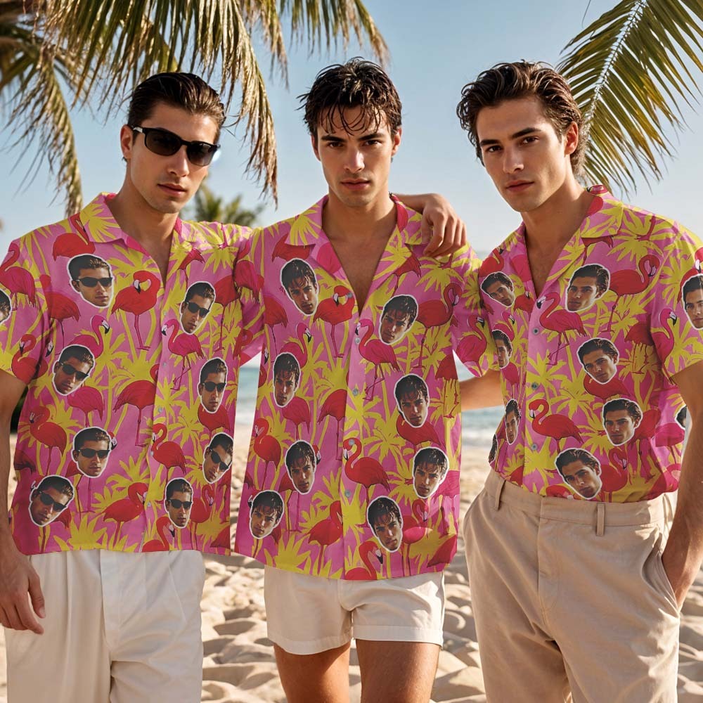 Custom Hawaiian Shirt Pink Flamingo Photo Hawaiian Shirt Funny Vacation Party Shirts - MyFaceSocksAU