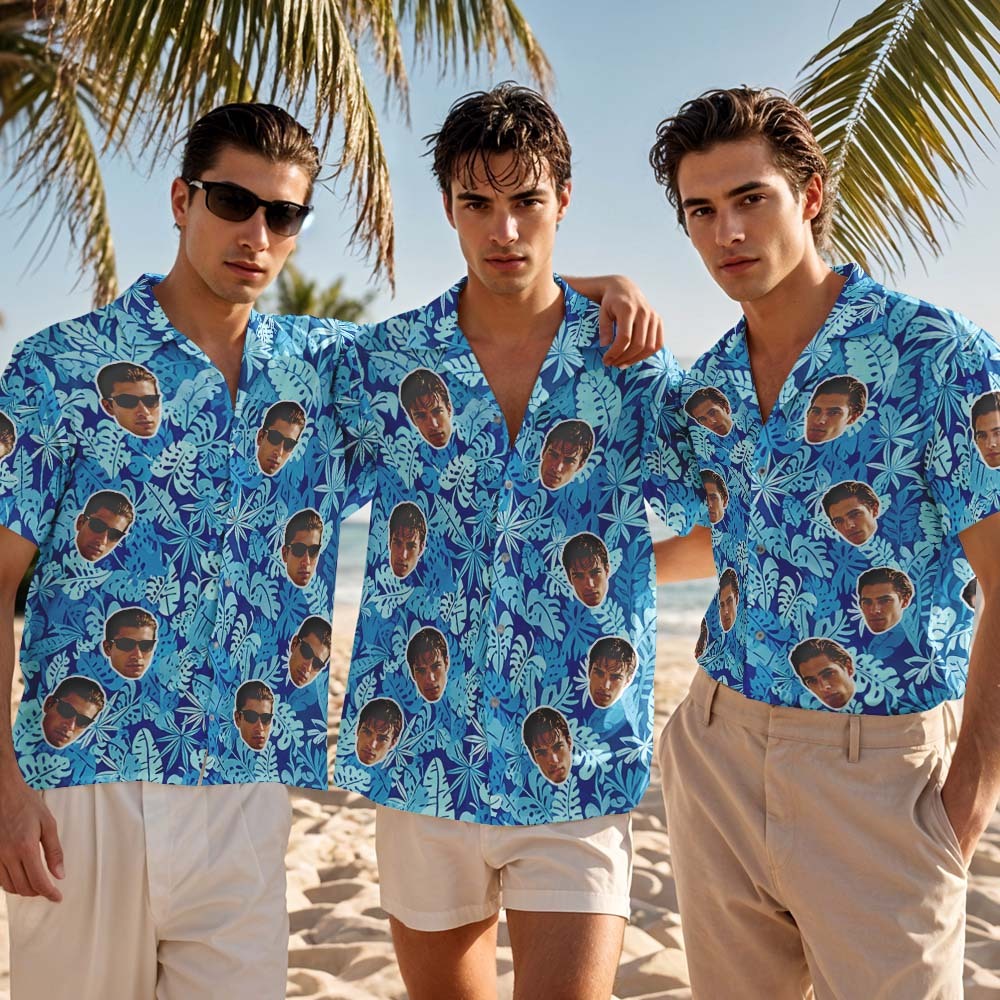 Personalized Blue Leveas Face Hawaiian Shirt Custom Face Photo Shirt for Men Fun Summer Vacation Gift - MyFaceSocksAU