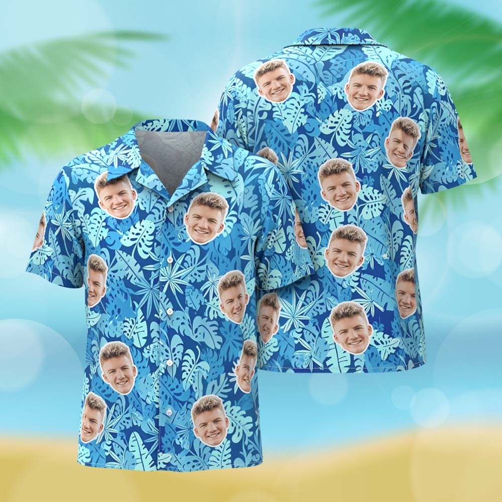 Personalized Blue Leveas Face Hawaiian Shirt Custom Face Photo Shirt for Men Fun Summer Vacation Gift - MyFaceSocksAU