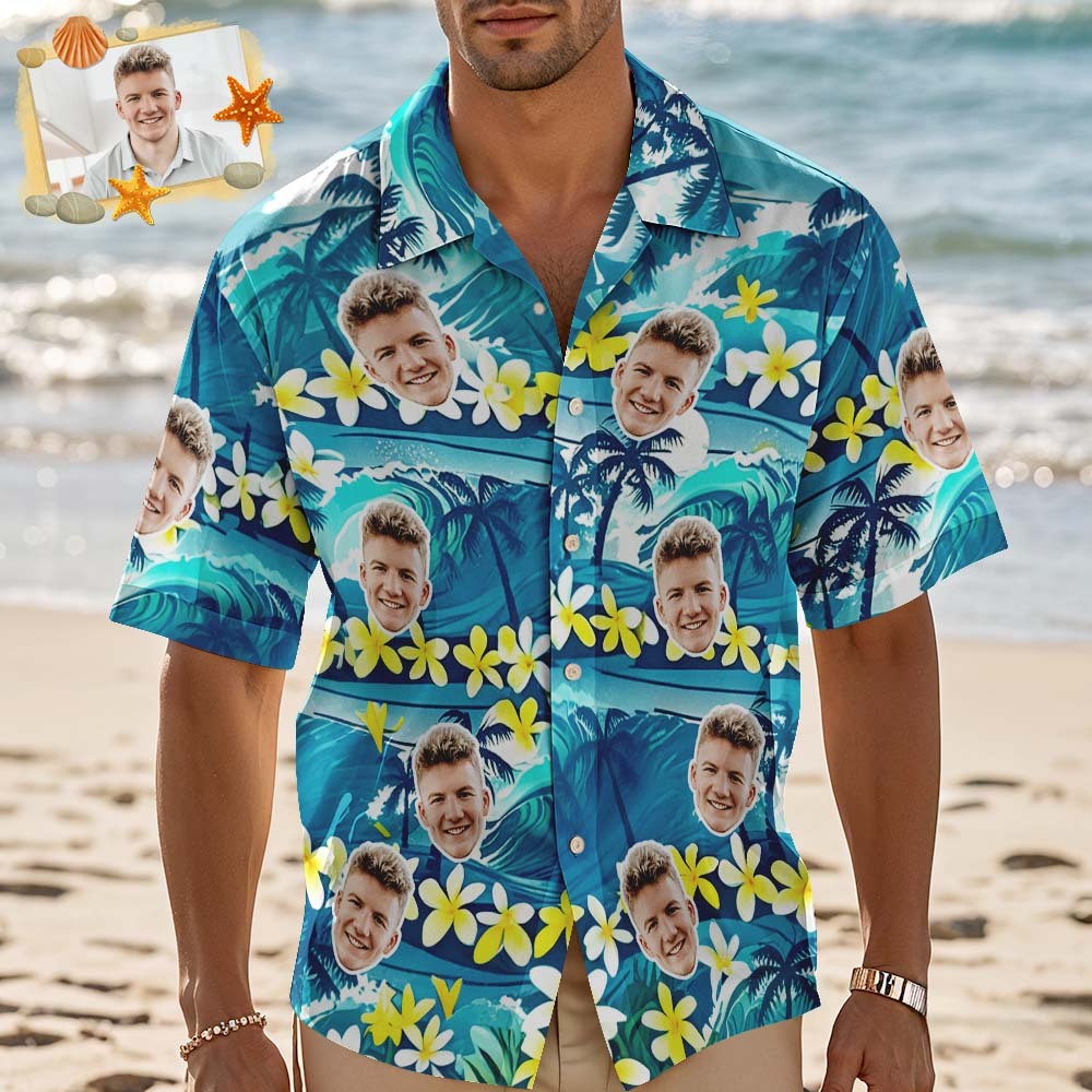 Personalized Blue Leveas Face Hawaiian Shirt Custom Face Photo Shirt for Men Fun Summer Vacation Gift - MyFaceSocksAU