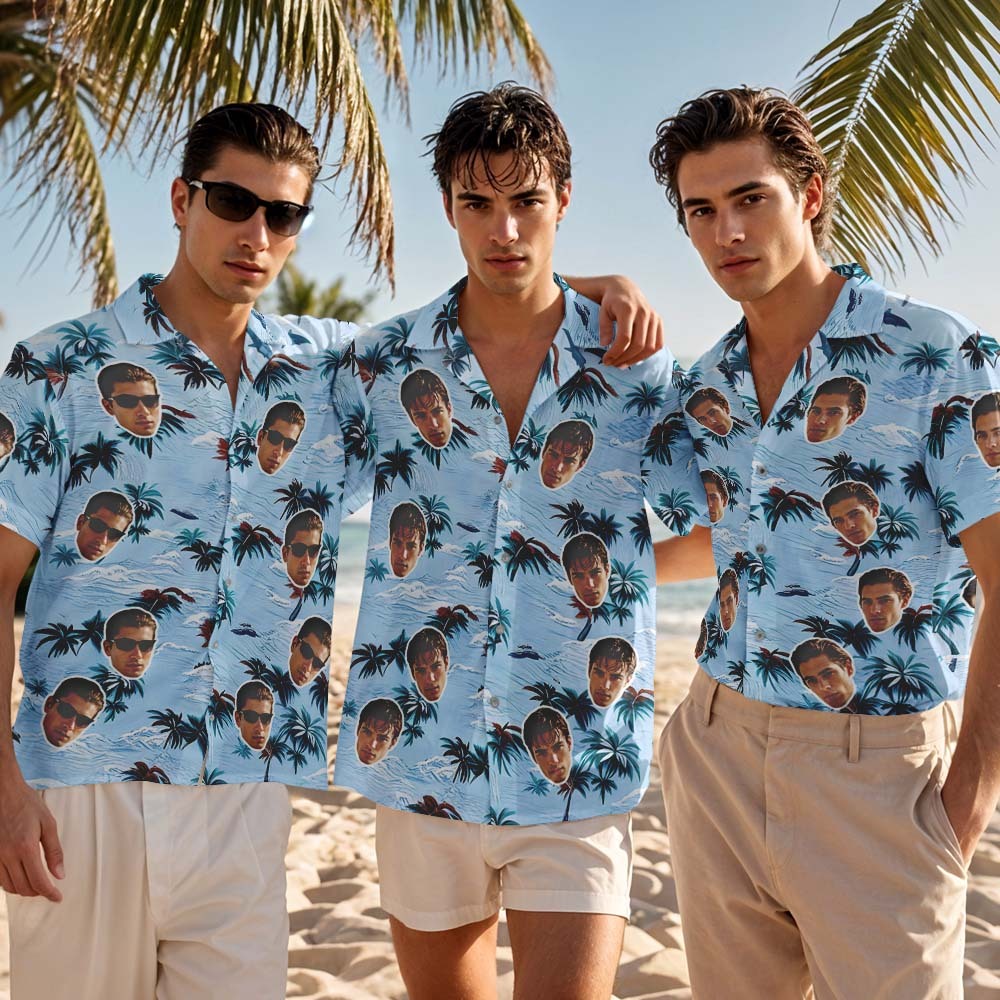 Personalized Blue Leveas Face Hawaiian Shirt Custom Face Photo Shirt for Men Fun Summer Vacation Gift - MyFaceSocksAU