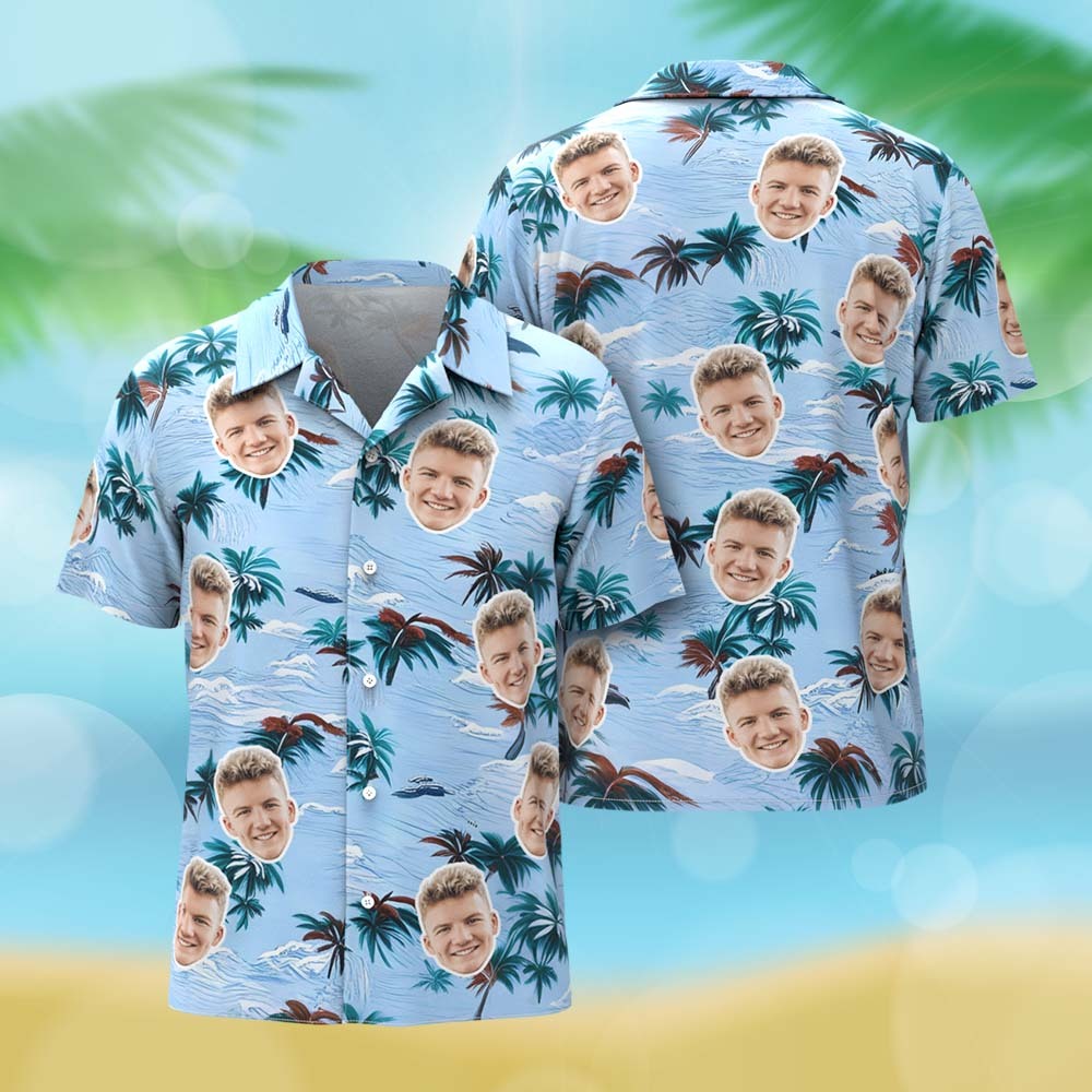 Personalized Blue Leveas Face Hawaiian Shirt Custom Face Photo Shirt for Men Fun Summer Vacation Gift - MyFaceSocksAU