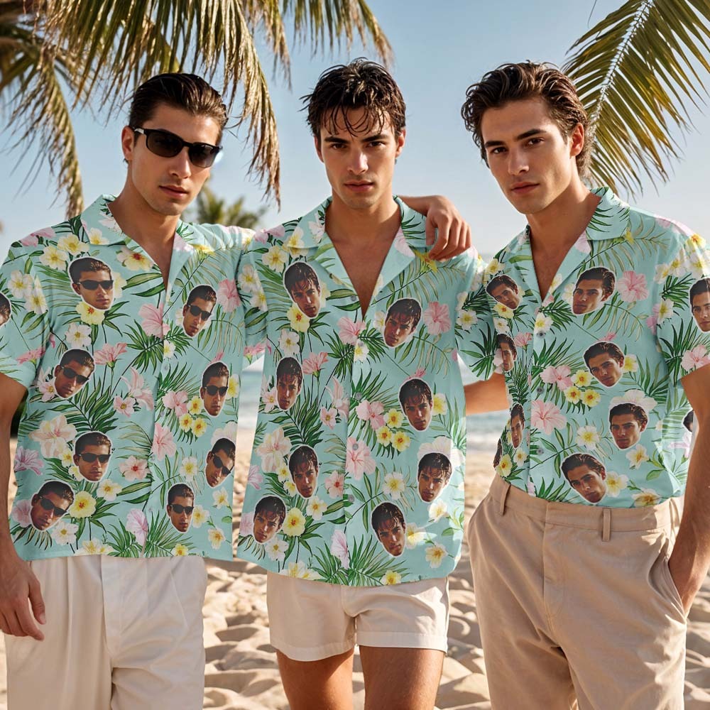 Personalized Blue Leveas Face Hawaiian Shirt Custom Face Photo Shirt for Men Fun Summer Vacation Gift - MyFaceSocksAU