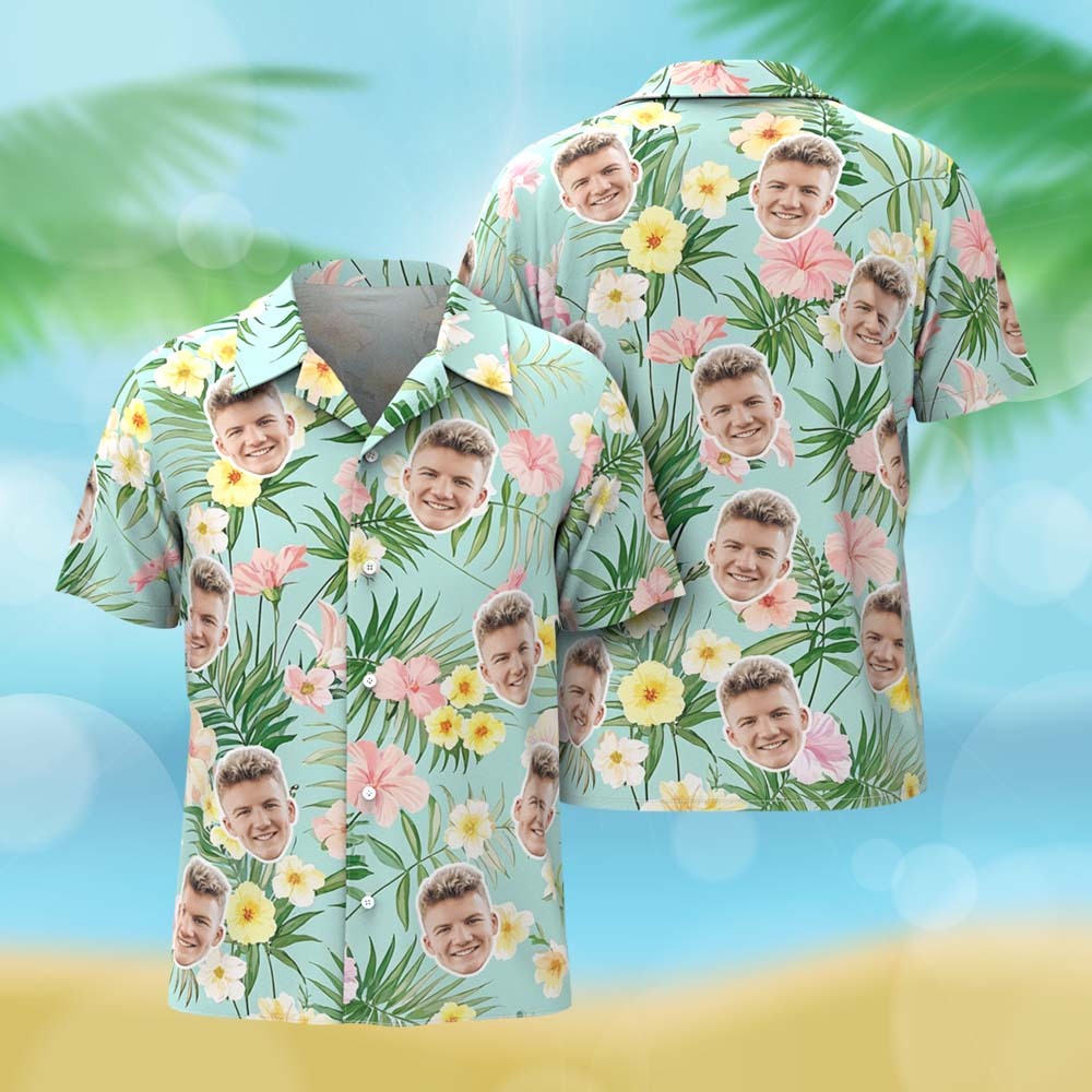 Personalized Blue Leveas Face Hawaiian Shirt Custom Face Photo Shirt for Men Fun Summer Vacation Gift - MyFaceSocksAU