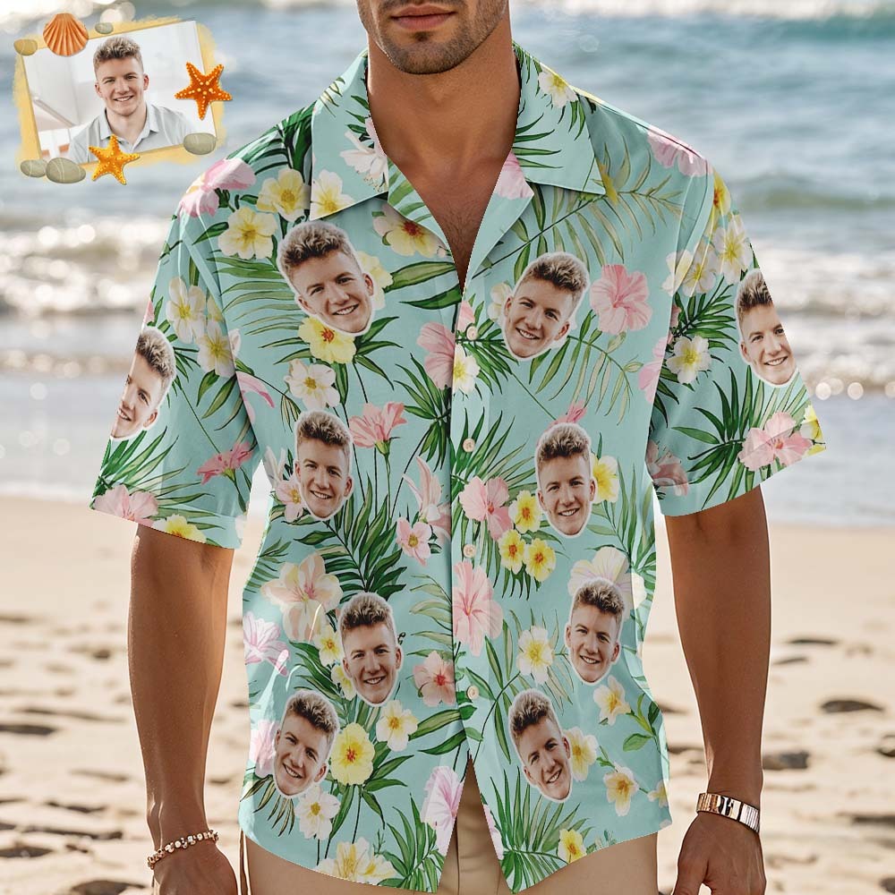 Personalized Blue Leveas Face Hawaiian Shirt Custom Face Photo Shirt for Men Fun Summer Vacation Gift - MyFaceSocksAU