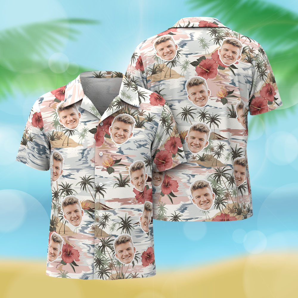 Custom Face Hawaiian Shirt Pink Flamingo Blue Hawaiian Shirt Tropical Men Summer Face Gift - MyFaceSocksAU