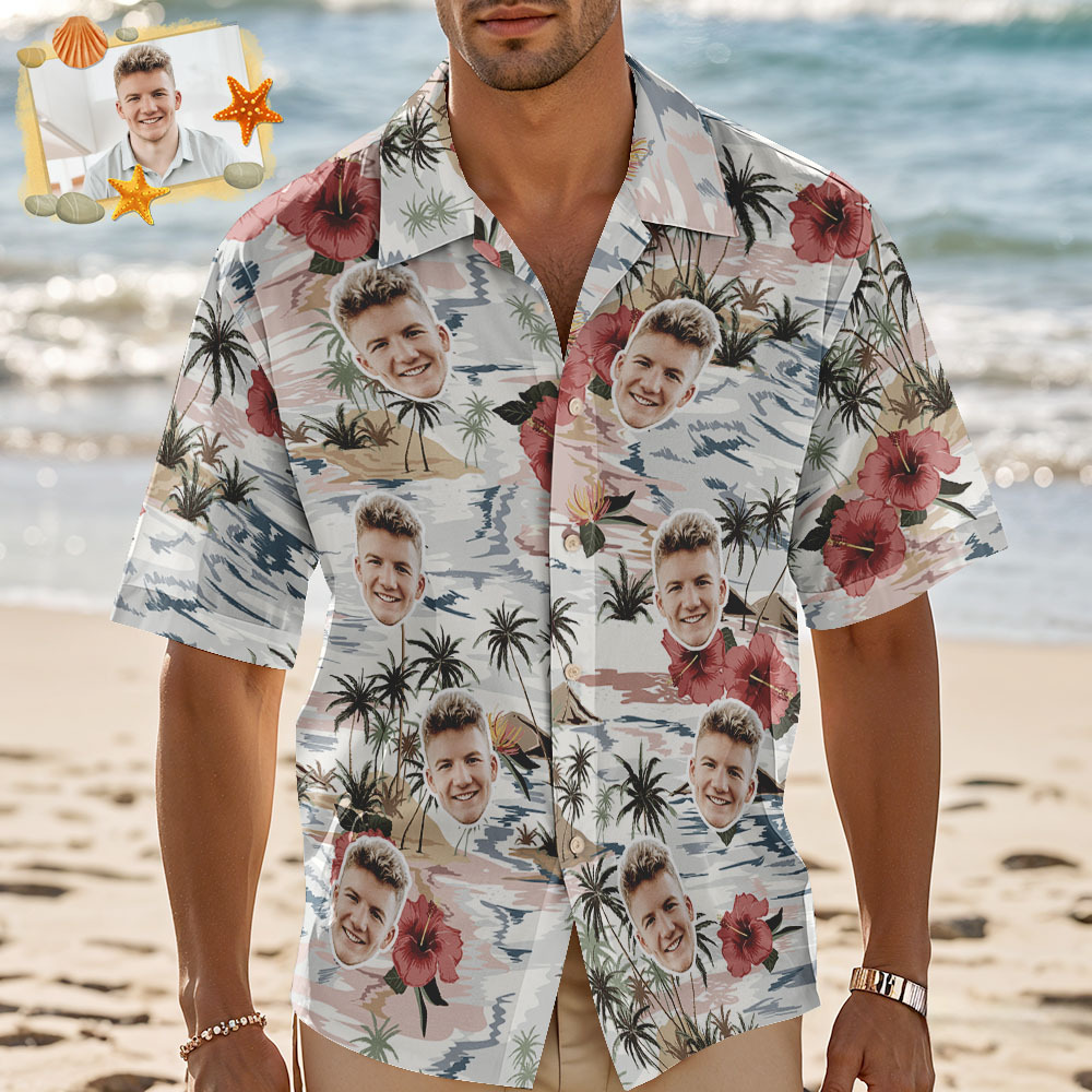 Custom Face Hawaiian Shirt Pink Flamingo Blue Hawaiian Shirt Tropical Men Summer Face Gift - MyFaceSocksAU