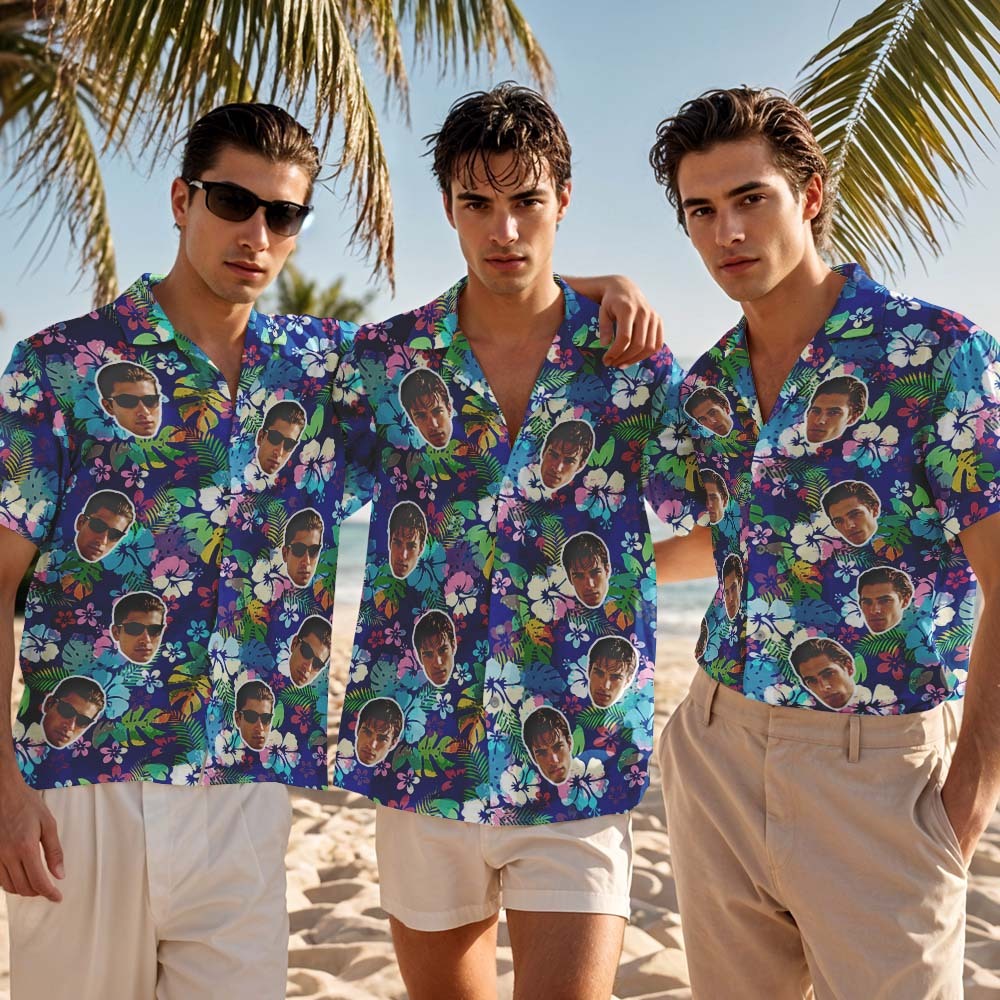 Custom Face Hawaiian Shirt Pink Flamingo Blue Hawaiian Shirt Tropical Men Summer Face Gift - MyFaceSocksAU
