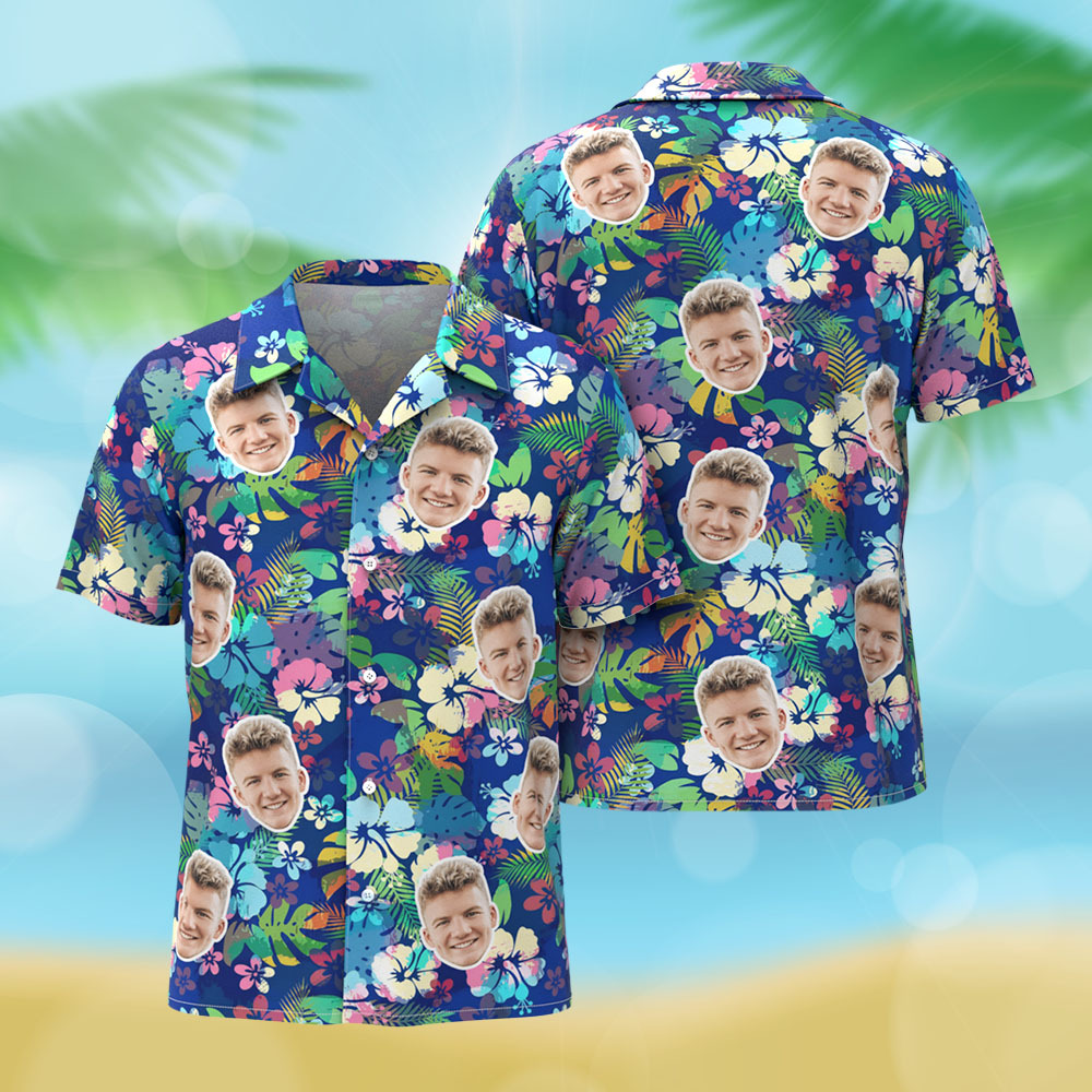 Custom Face Hawaiian Shirt Pink Flamingo Blue Hawaiian Shirt Tropical Men Summer Face Gift - MyFaceSocksAU