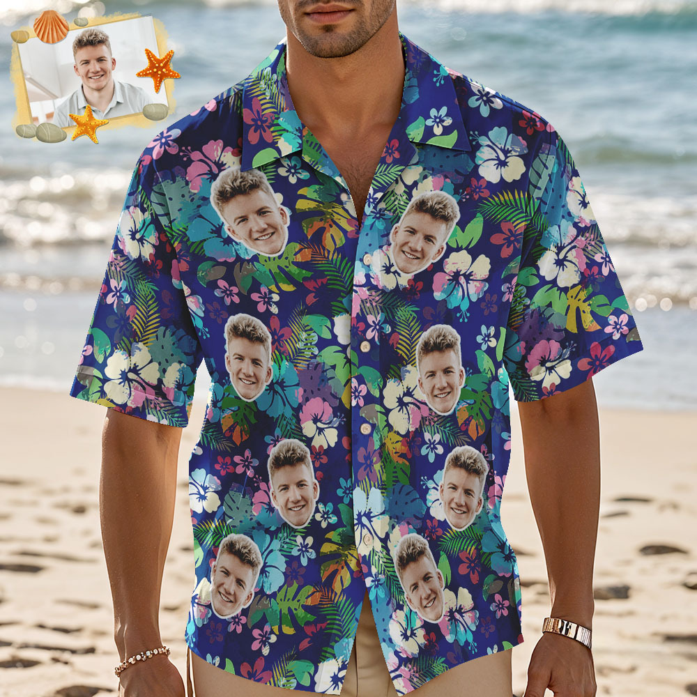 Custom Face Hawaiian Shirt Pink Flamingo Blue Hawaiian Shirt Tropical Men Summer Face Gift - MyFaceSocksAU