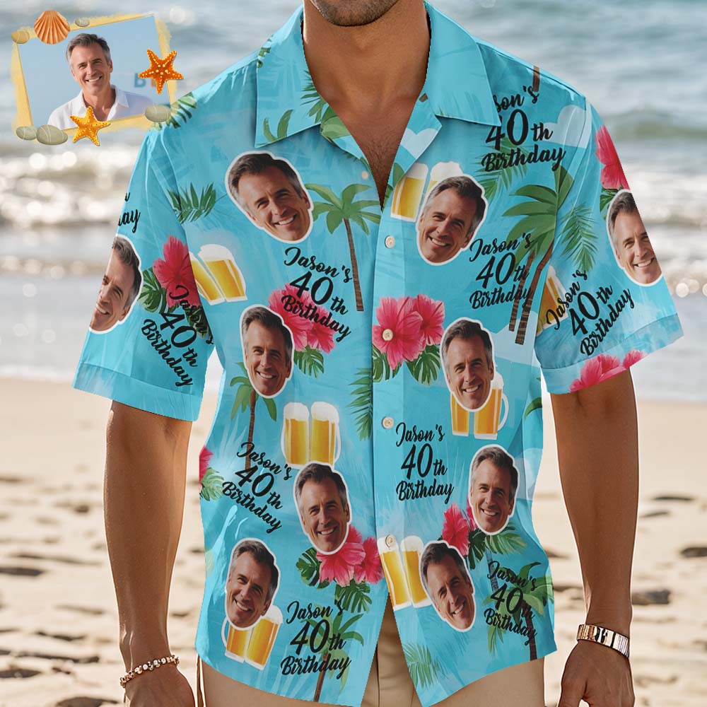 CustomFathers Day Gift Birthday Hawaiian Shirt Custom Face Name Summer Birthday Party Green Shirt Aloha Birthday Hawaiian Shirt