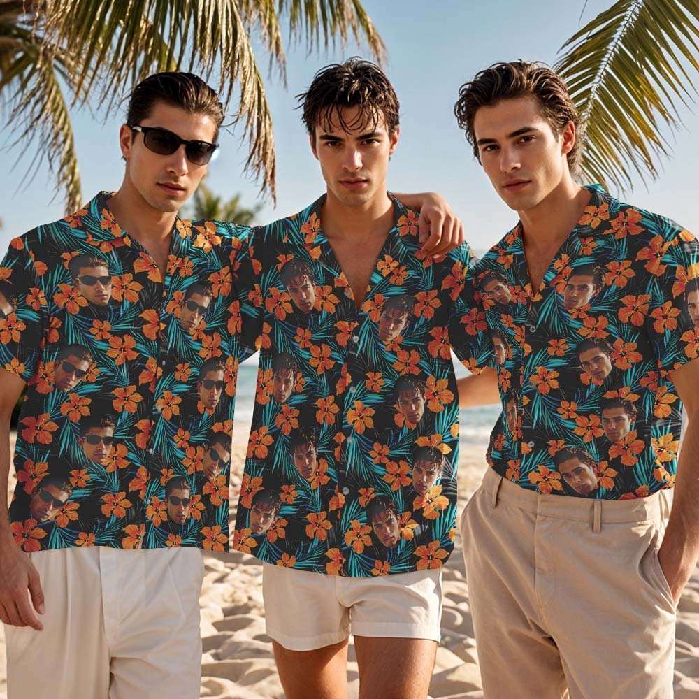 Custom Face Hawaiian Shirt Orange Flower Hawaiian Personalized Blue Leaves Hawaiian Shirt - MyFaceSocksAU