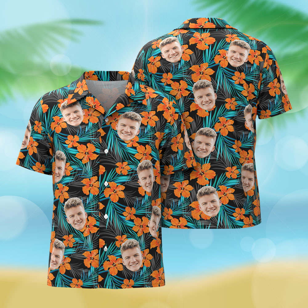 Custom Face Hawaiian Shirt Orange Flower Hawaiian Personalized Blue Leaves Hawaiian Shirt - MyFaceSocksAU