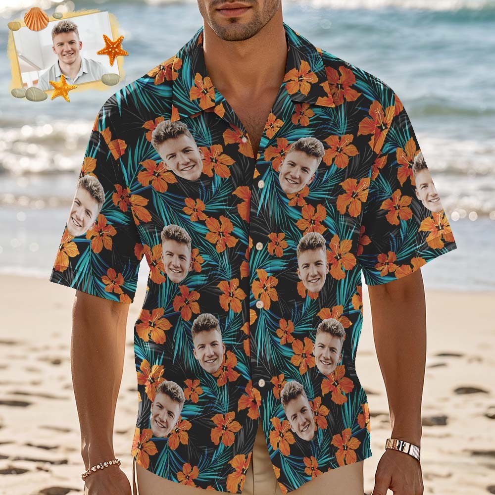 Custom Face Hawaiian Shirt Orange Flower Hawaiian Personalized Blue Leaves Hawaiian Shirt - MyFaceSocksAU