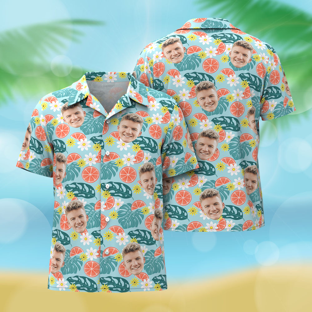 Custom Face Hawaiian Shirt Personalized Orange Daisy Palm Leaf Hawaiian Shirt Tropical Holiday Gifts - MyFaceSocksAU