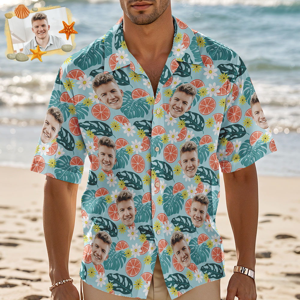 Custom Face Hawaiian Shirt Personalized Orange Daisy Palm Leaf Hawaiian Shirt Tropical Holiday Gifts - MyFaceSocksAU