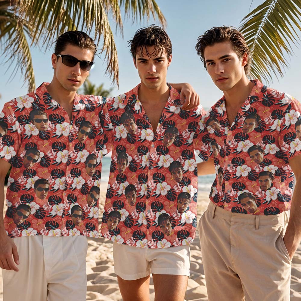 Custom Face Hawaiian Shirt Personalized Hawaii Style Red Flower Hawaiian Shirt Tropical Holiday Gifts - MyFaceSocksAU
