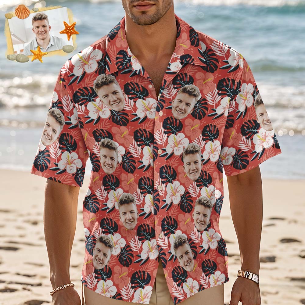 Custom Face Hawaiian Shirt Personalized Hawaii Style Red Flower Hawaiian Shirt Tropical Holiday Gifts - MyFaceSocksAU