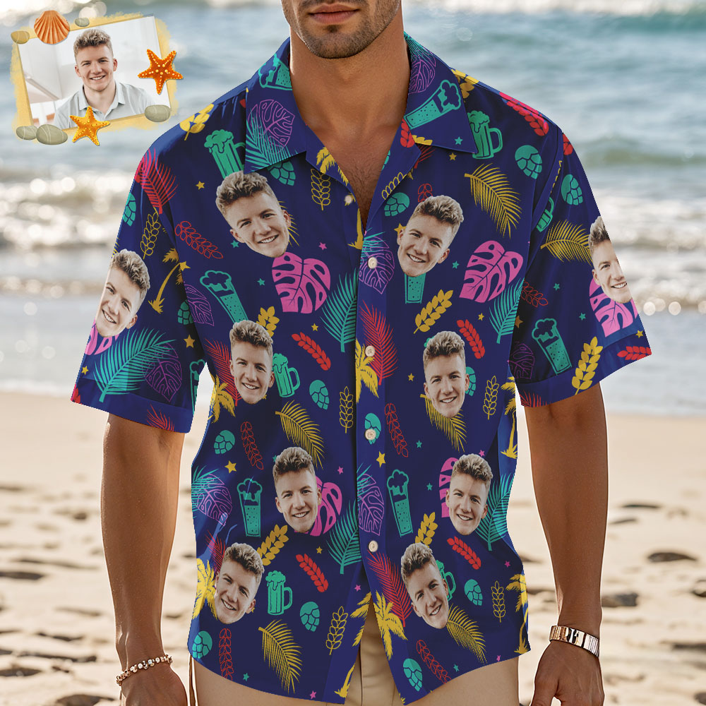 Custom Men Purple Leaves Hawaiian Shirts Face Shirt Beer Pattern Hawaiian Shirt Gift for Summer Vibe Holiday