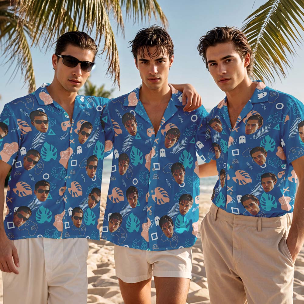 Custom Men Light Blue Leaves Hawaiian Shirts Face Shirt Beer Pattern Hawaiian Shirt Gift for Summer Vibe Holiday