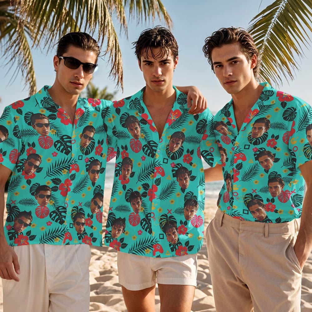 Custom Men Pink Flower Hawaiian Laves And Flowers Hawaiian Shirts Face Shirt Hawaii Pattern Shirt Gift for Summer Vibe Holiday - MyFaceSocksAU