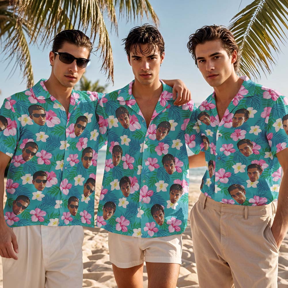 Custom Men Pink Flower Hawaiian Laves And Flowers Hawaiian Shirts Face Shirt Hawaii Pattern Shirt Gift for Summer Vibe Holiday