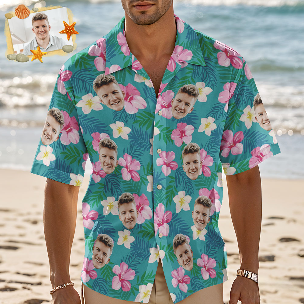 Custom Men Pink Flower Hawaiian Laves And Flowers Hawaiian Shirts Face Shirt Hawaii Pattern Shirt Gift for Summer Vibe Holiday
