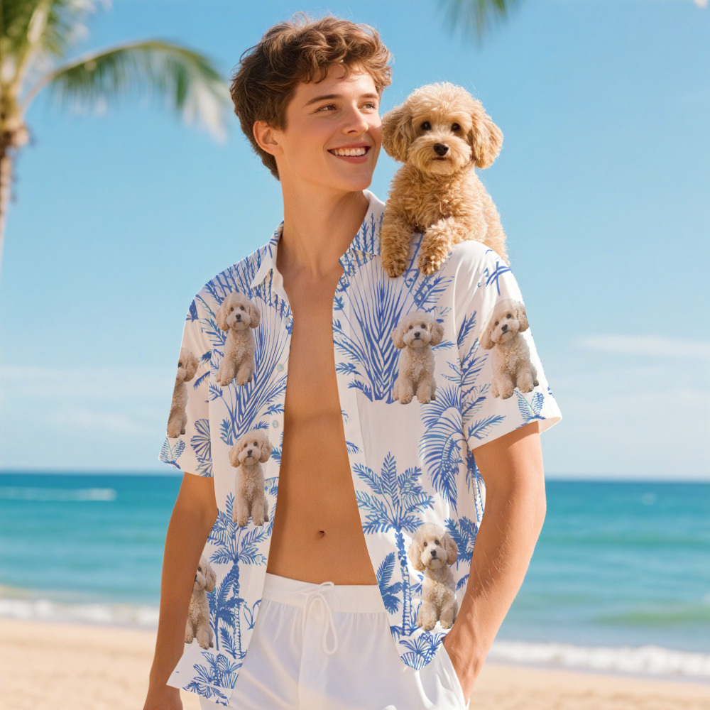 Custom Gray Leaves Dog Lovers Style Hawaiian Shirt Personalized Dog Image Hawaiian Shirt Gift - MyFaceSocksAU