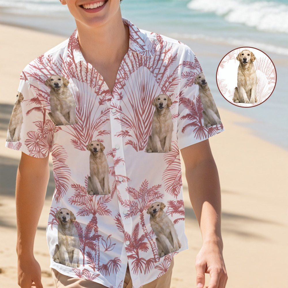Custom Gray Leaves Dog Lovers Style Hawaiian Shirt Personalized Dog Image Hawaiian Shirt Gift - MyFaceSocksAU
